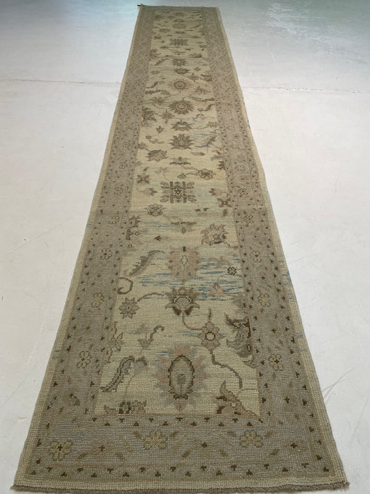 Hand-Knotted Wool Runner Turkish Oushak 3' x 16'