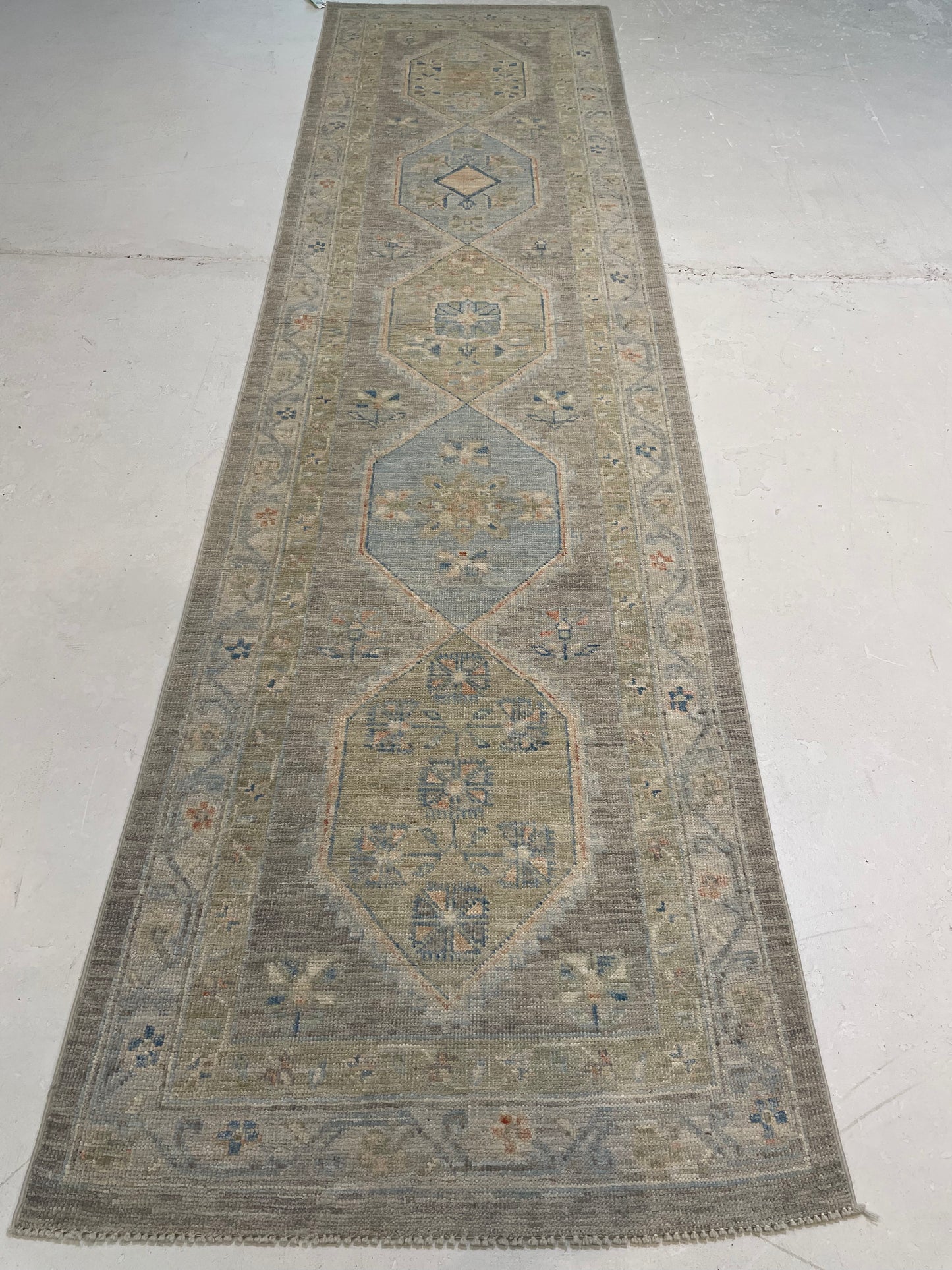 Hand-Knotted Wool Runner Turkish Oushak 2'7" x 9'10"