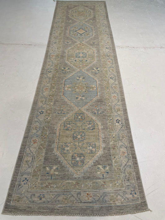 Hand-Knotted Wool Runner Turkish Oushak 2'7" x 9'10"