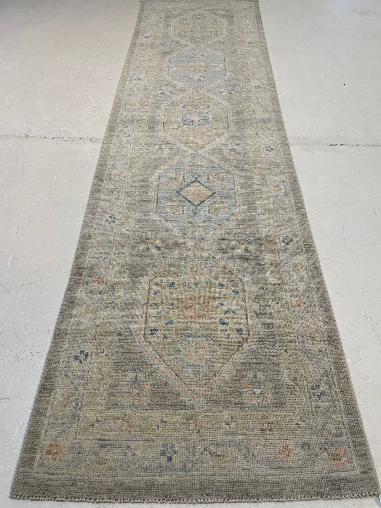 Hand-Knotted Wool Runner Turkish Oushak 2'7" x 9'10"