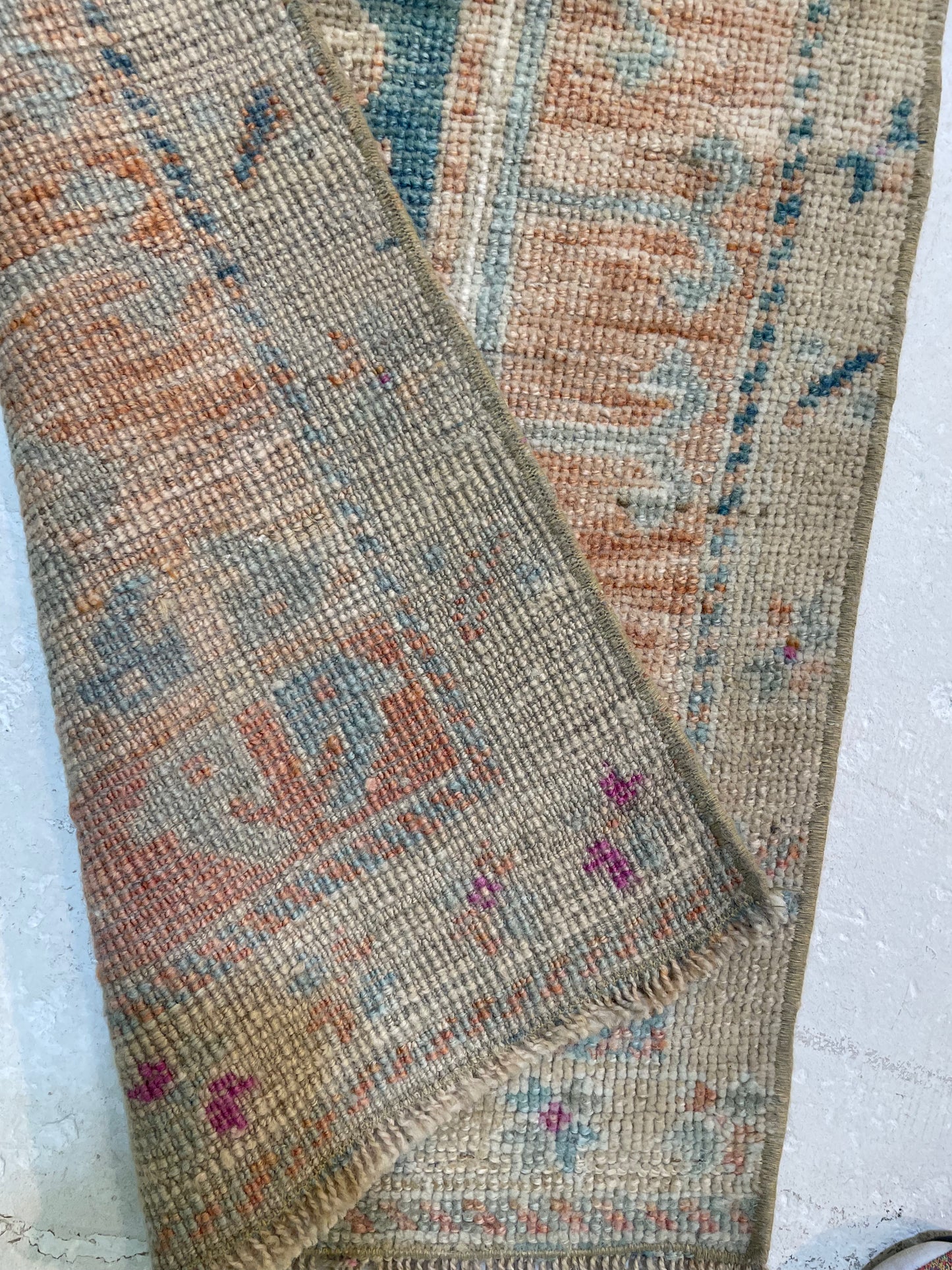 Hand-Knotted Wool Runner Turkish Oushak 1'7" x 7'6"