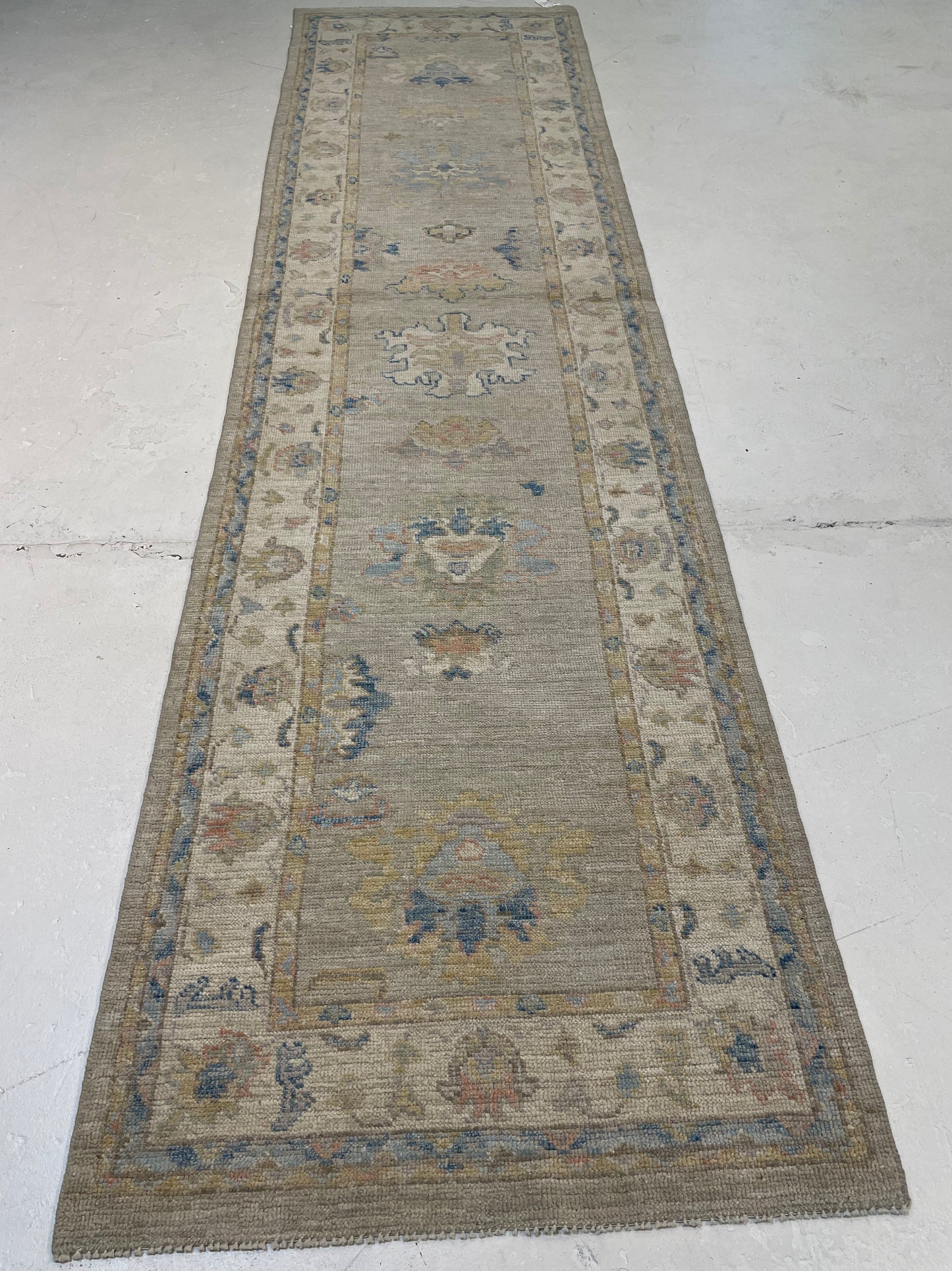 Hand-Knotted Wool Runner Turkish Oushak 2'6" x 9'9"