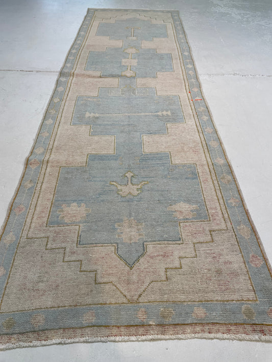 Hand-Knotted Wool Runner Turkish Oushak 3'5" x 11'1"