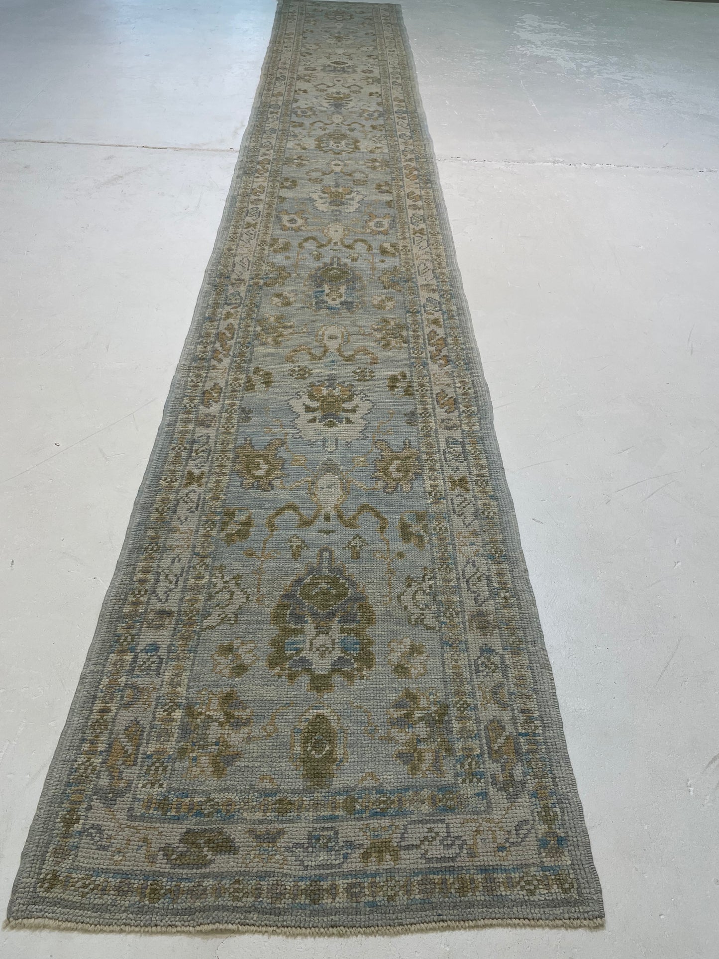 Hand-Knotted Wool Runner Turkish Oushak 2'7" x 17'2"