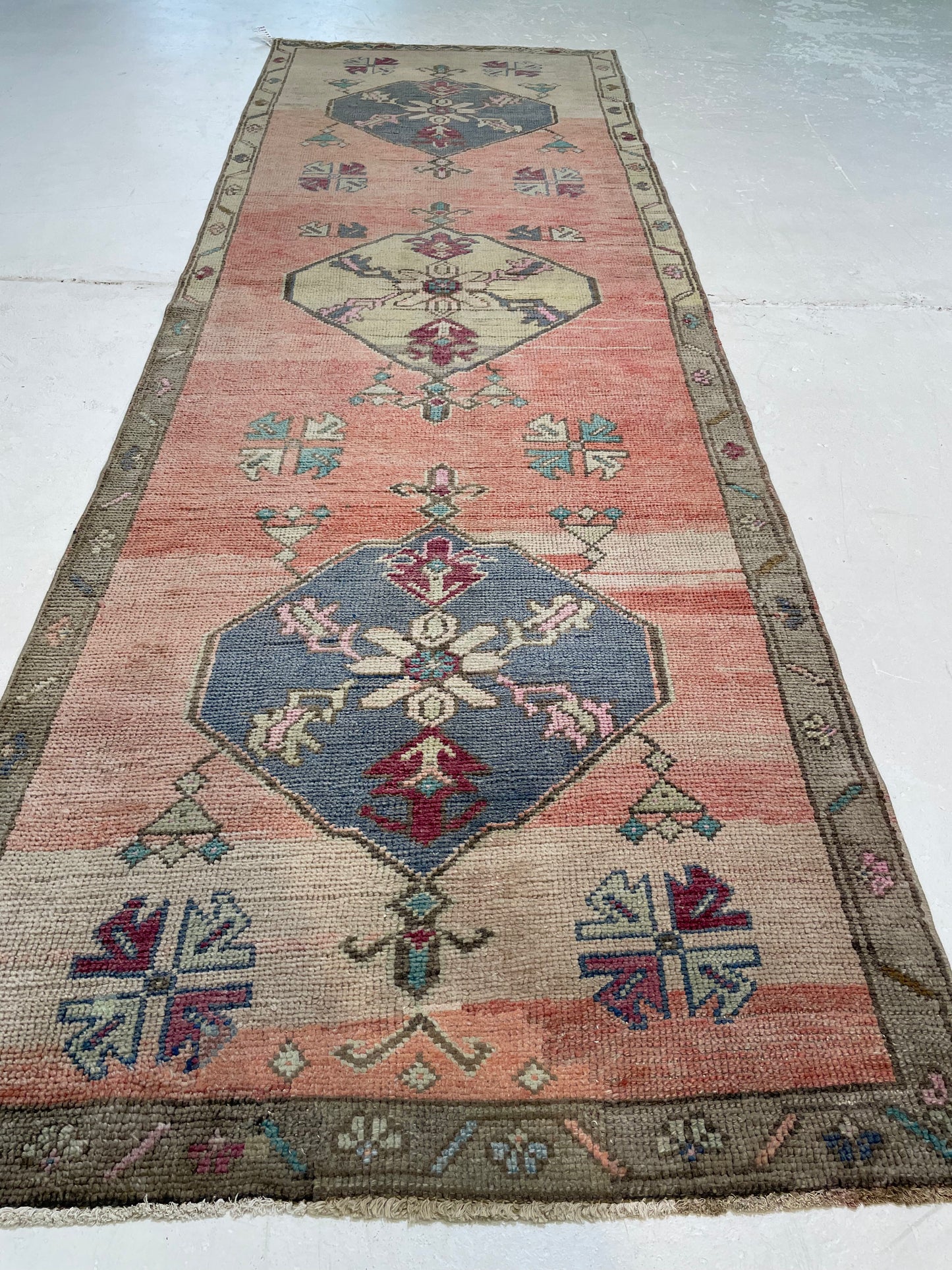 Hand-Knotted Wool Runner Turkish Oushak 3'3" x 10'1"