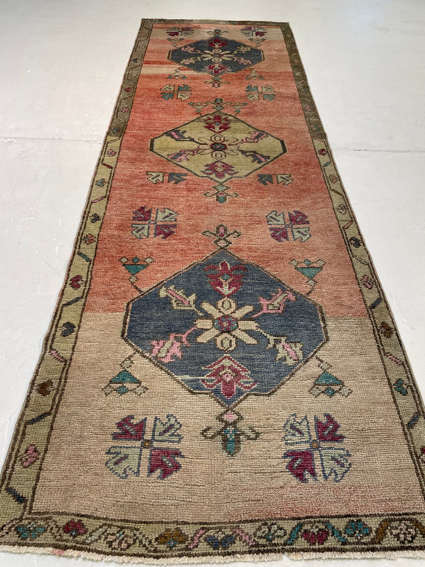 Hand-Knotted Wool Runner Turkish Oushak 3'3" x 10'1"