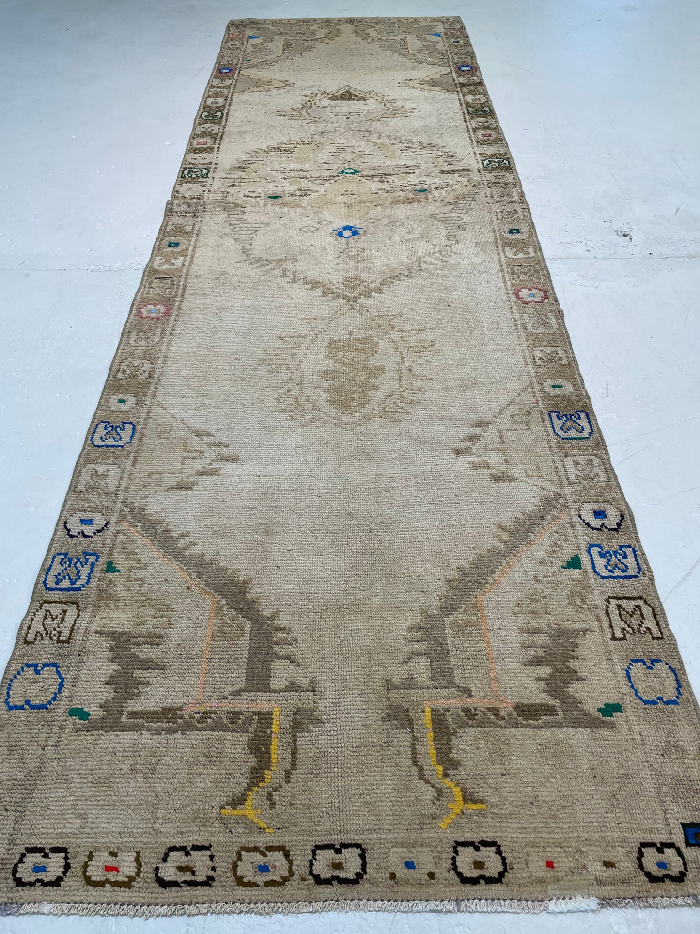 Hand-Knotted Wool Runner Turkish Oushak 3'1" x 10'1"