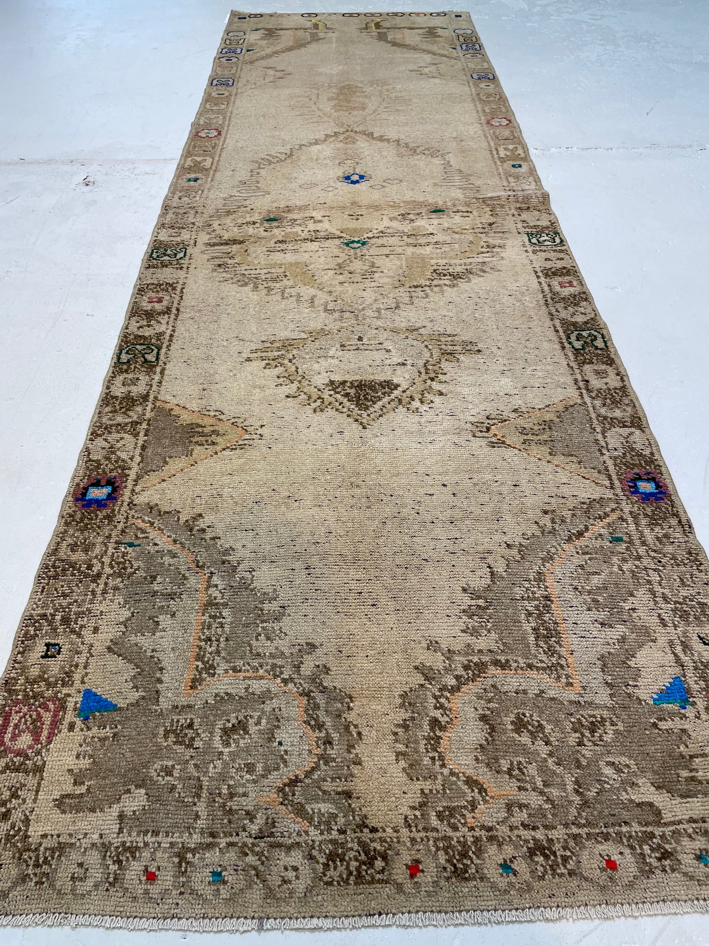 Hand-Knotted Wool Runner Turkish Oushak 3'1" x 10'1"