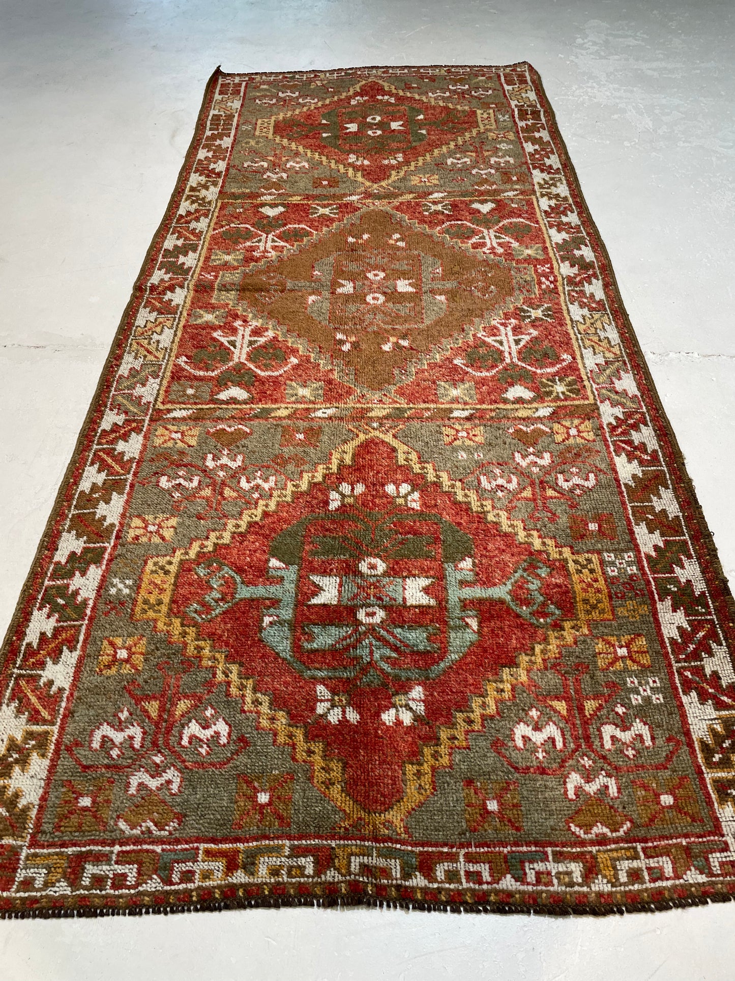 Hand-Knotted Wool Runner Turkish Oushak 4'4" x 10'10"