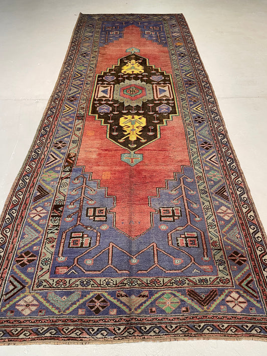 Hand-Knotted Wool Runner Turkish Oushak 4'8" x 12'5"