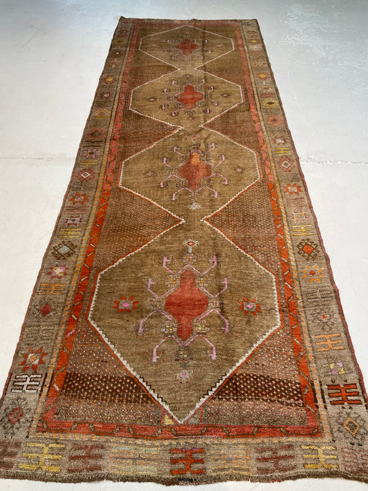 Hand-Knotted Wool Runner Turkish Oushak 4'2" x 11'9"