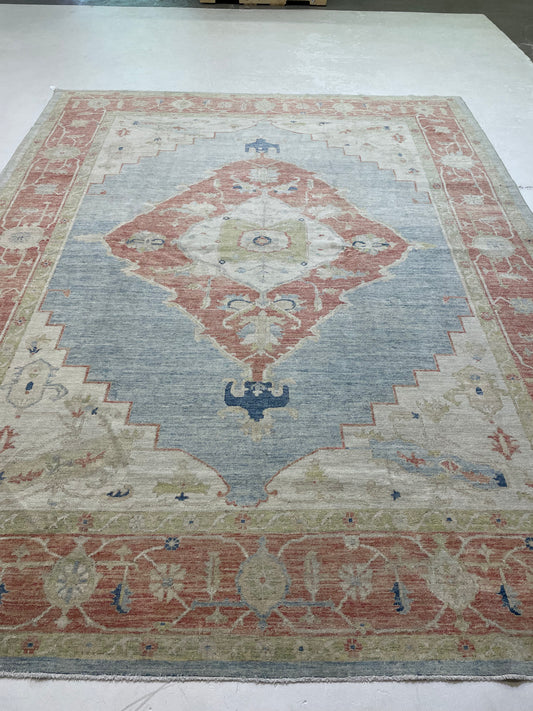 Hand-Knotted Wool Rug Serpai Design Turkish Oushak 9'1" x 11'7"