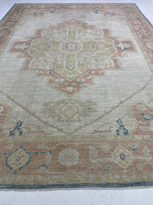 Hand-Knotted Wool Rug Serapi Design Turkish Oushak 9' x 12'