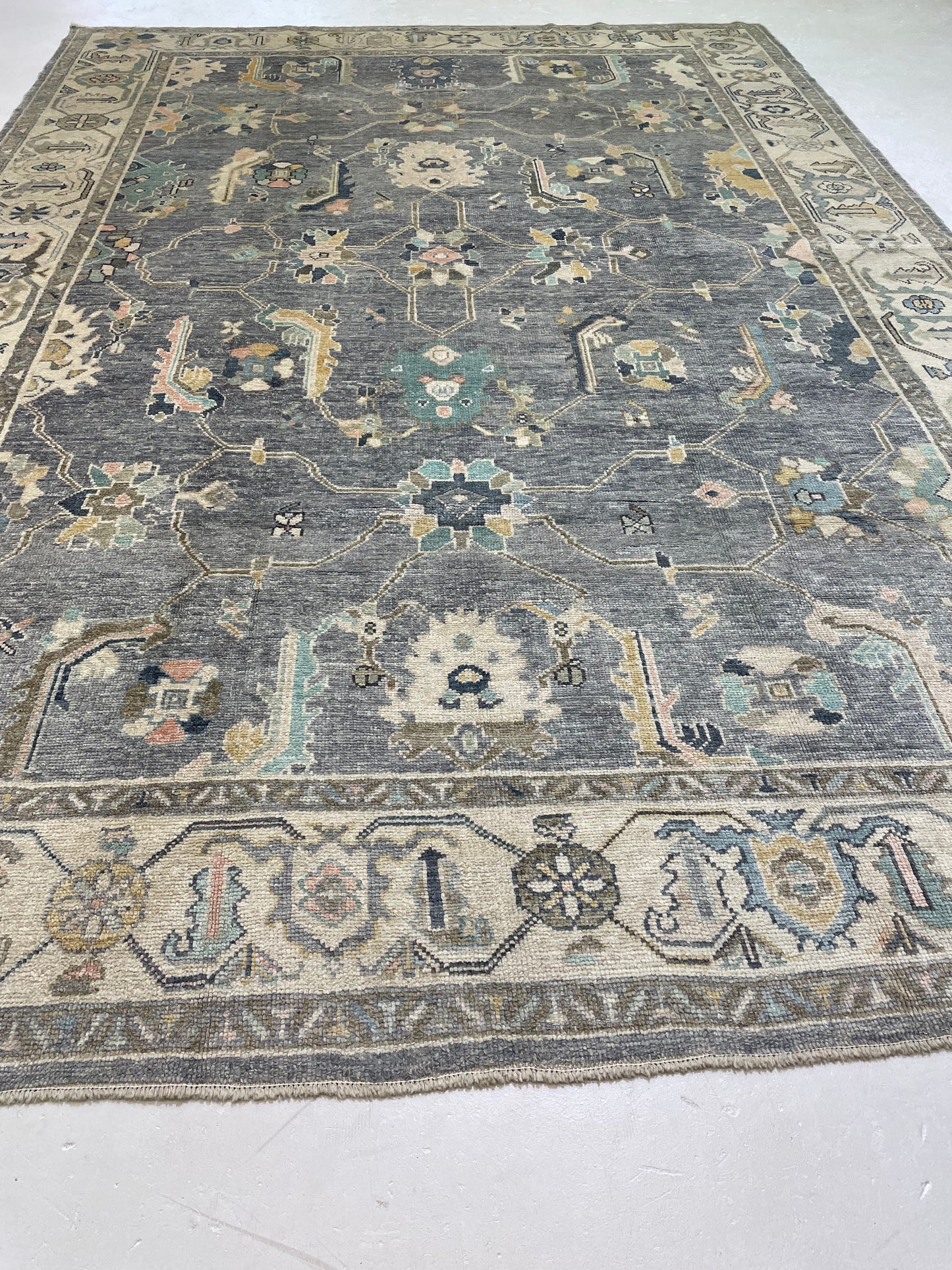 Hand-Knotted Wool Rug Turkish Oushak 9'7" x 14'1"