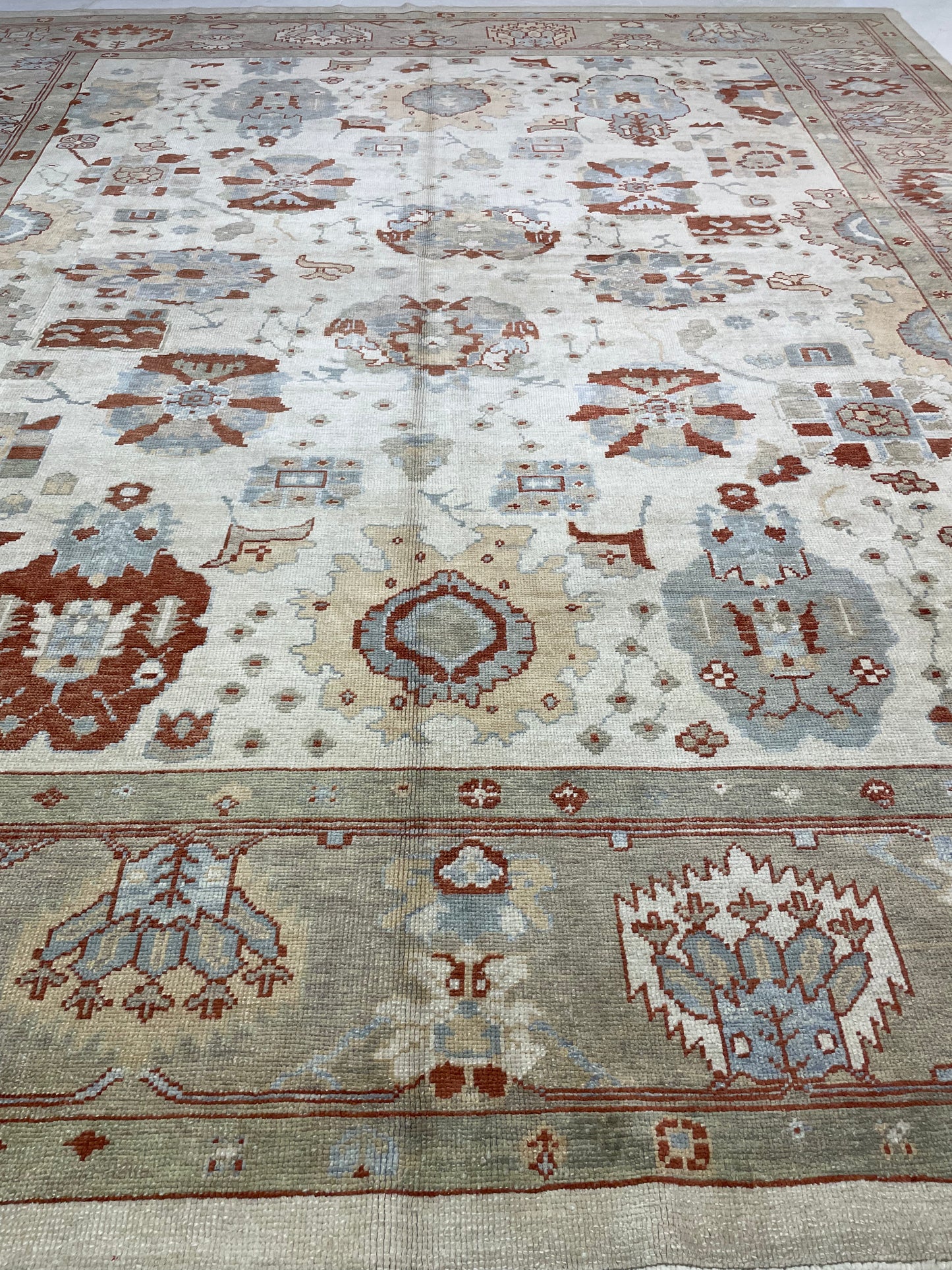Hand-Knotted Wool Rug Turkish Oushak 12'4" x 14'2"