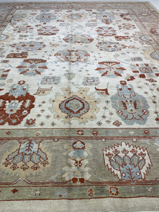 Hand-Knotted Wool Rug Turkish Oushak 12'4" x 14'2"