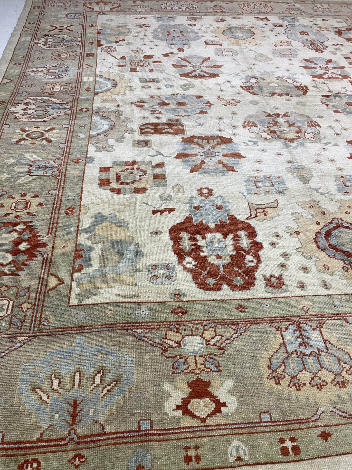 Hand-Knotted Wool Rug Turkish Oushak 12'4" x 14'2"