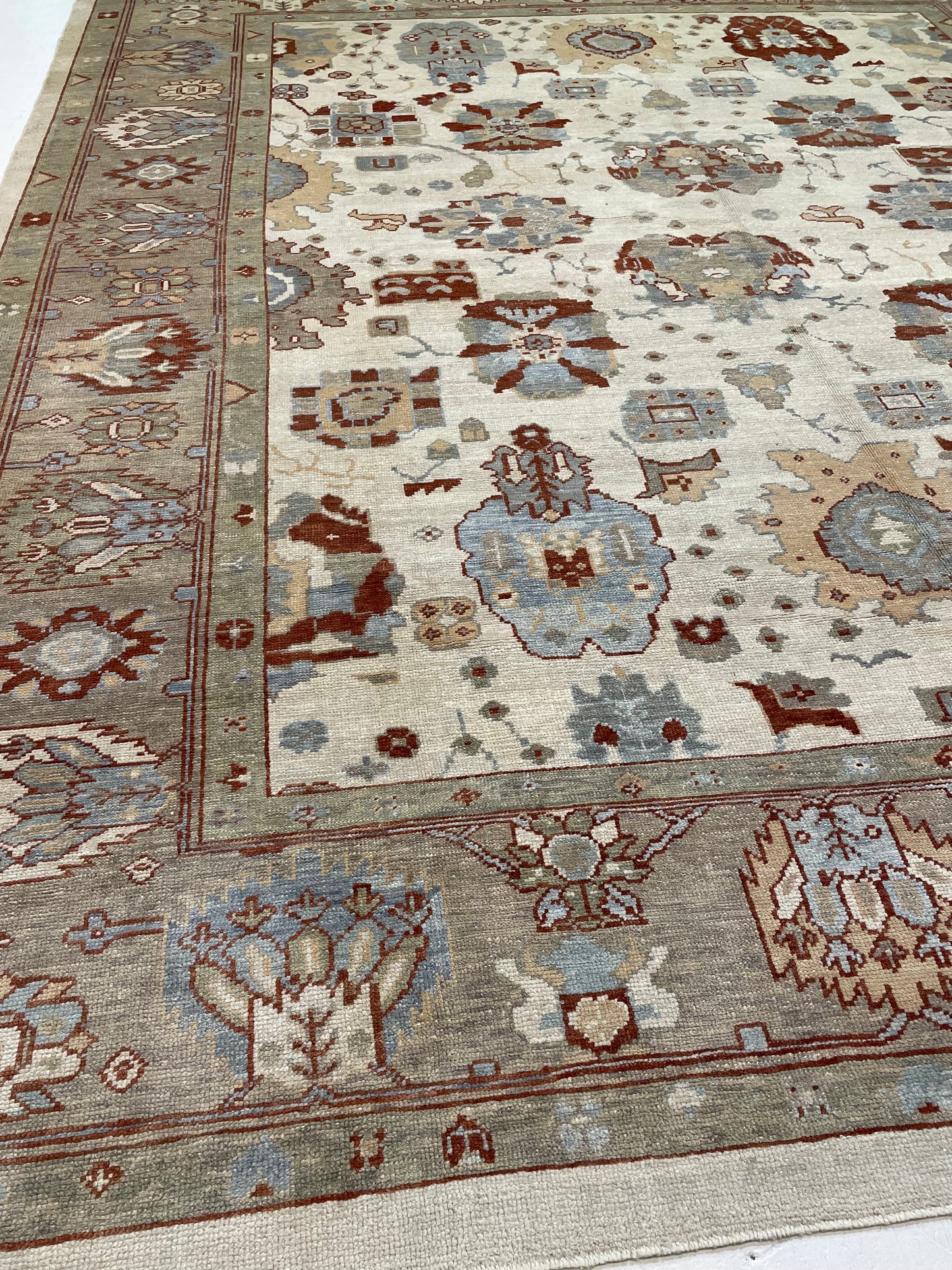 Hand-Knotted Wool Rug Turkish Oushak 12'4" x 14'2"