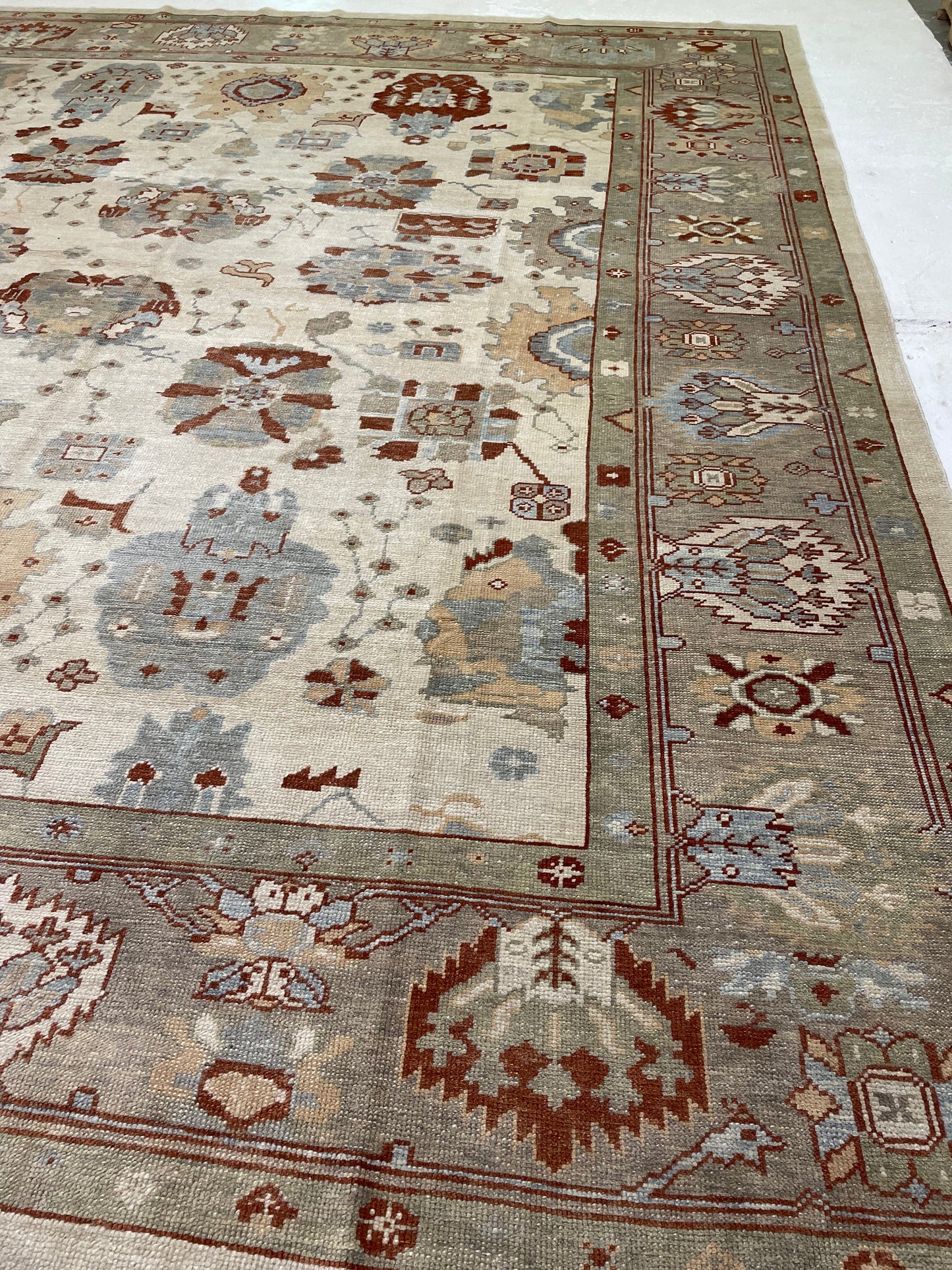 Hand-Knotted Wool Rug Turkish Oushak 12'4" x 14'2"