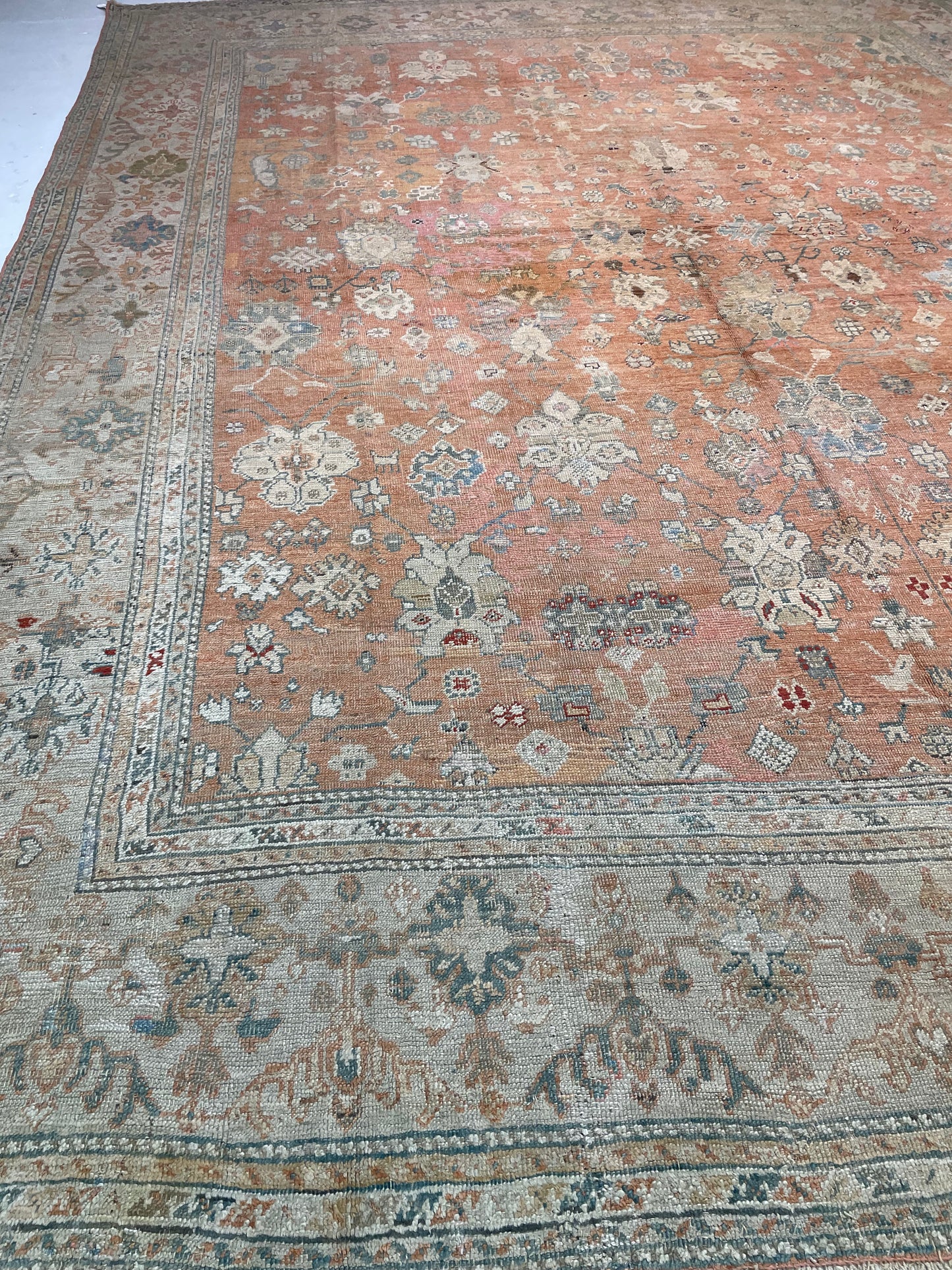 Antique Hand-Knotted Wool Rug Turkish Oushak 12'7" x 16'4"