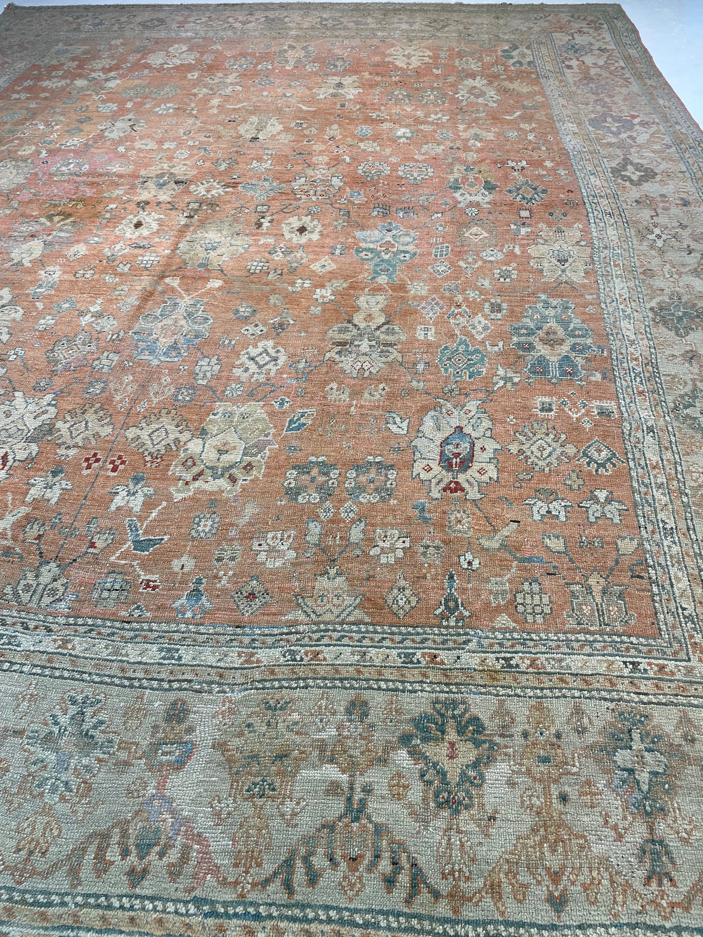 Antique Hand-Knotted Wool Rug Turkish Oushak 12'7" x 16'4"