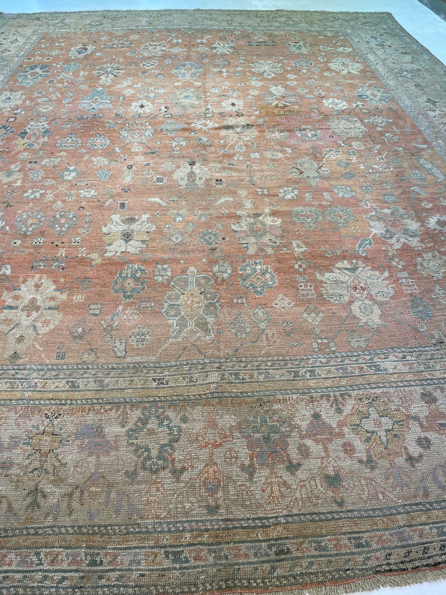 Antique Hand-Knotted Wool Rug Turkish Oushak 12'7" x 16'4"