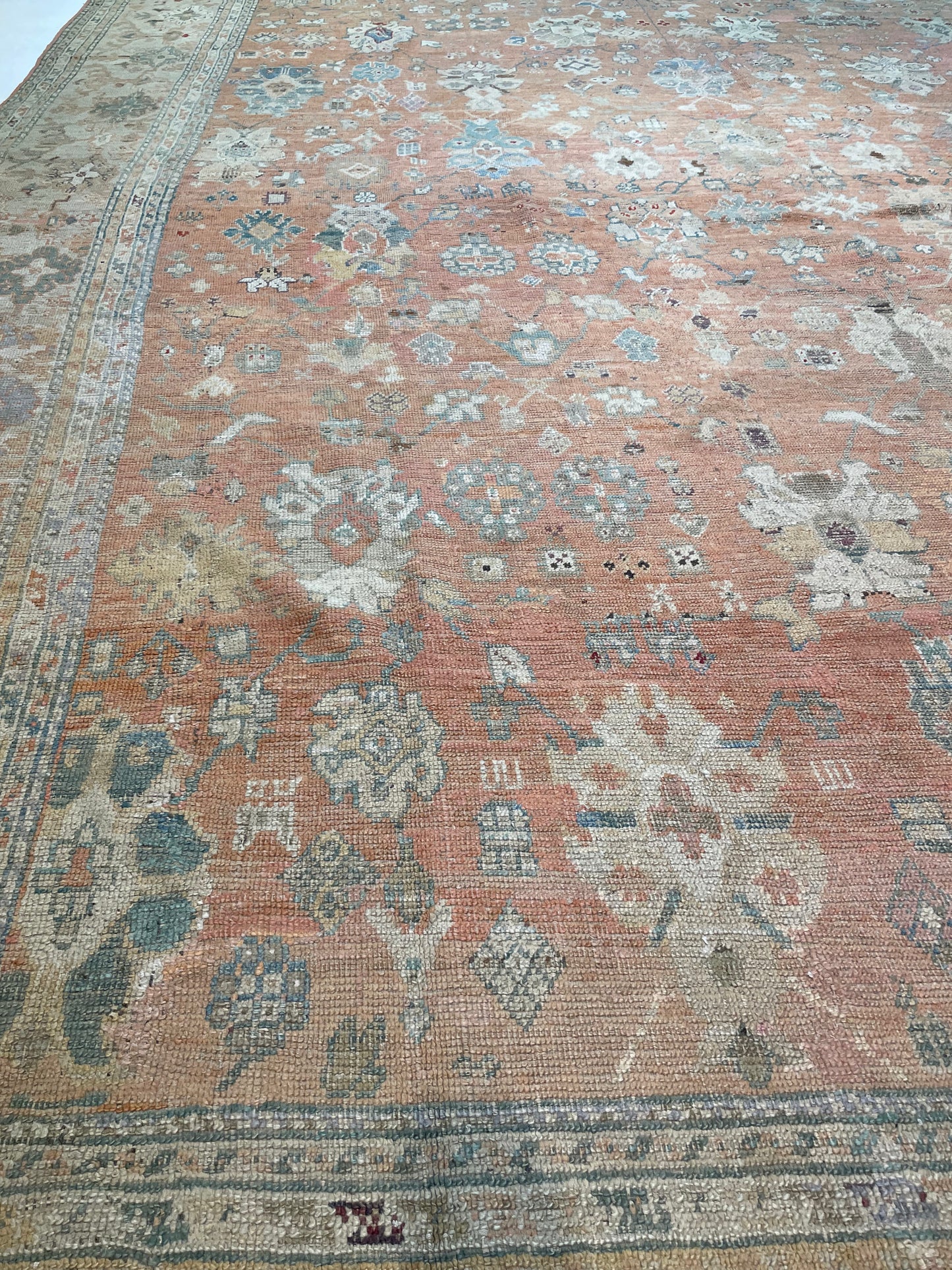 Antique Hand-Knotted Wool Rug Turkish Oushak 12'7" x 16'4"