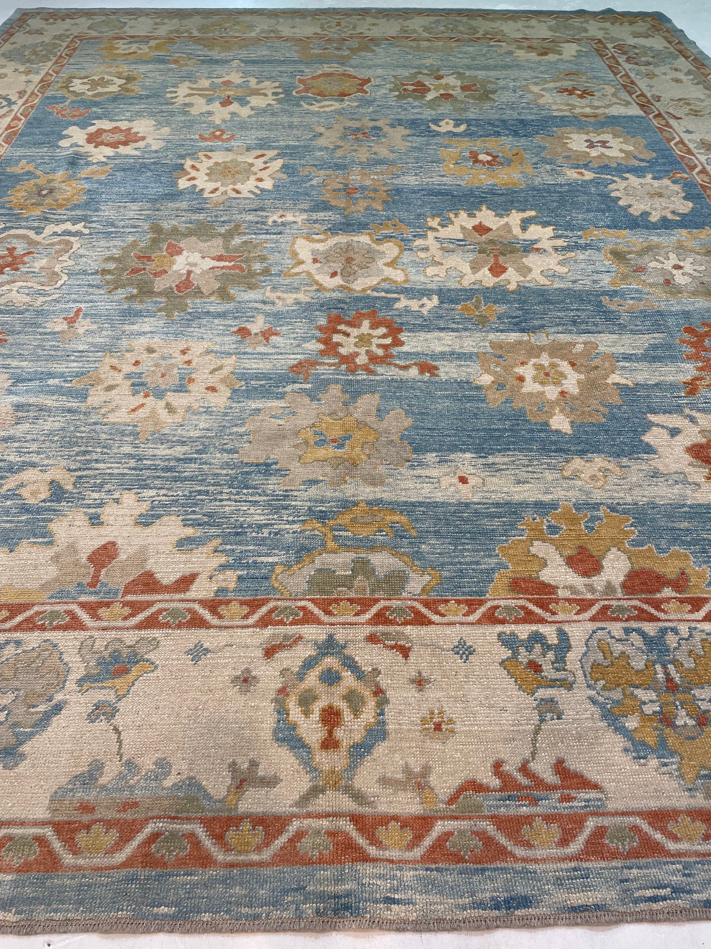 Hand-Knotted Wool Rug Turkish Oushak 12'2" x 14'8"