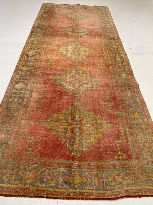 Hand-Knotted Wool Runner Turkish Oushak 4'2" x 10'3"