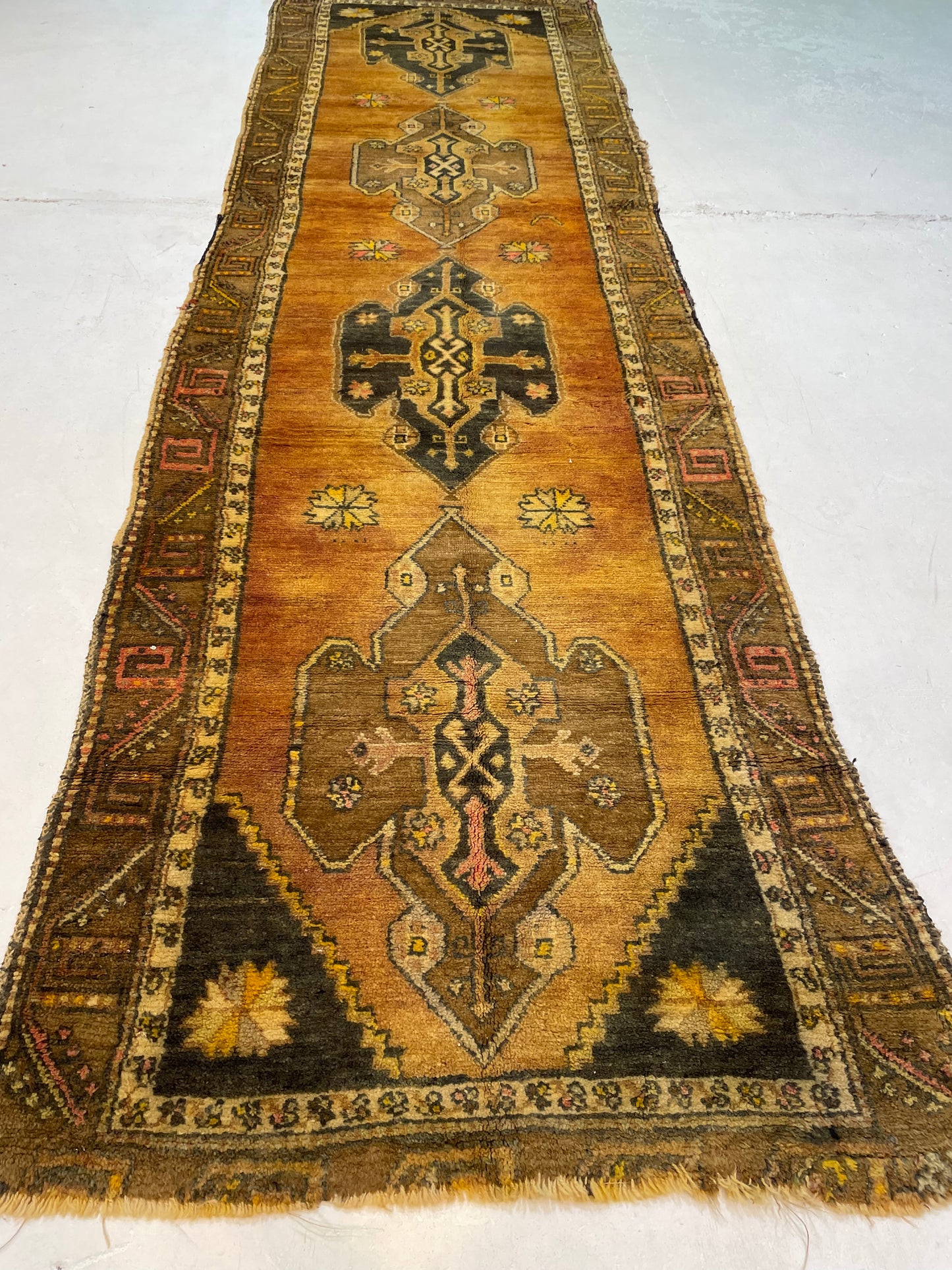 Hand-Knotted Wool Runner Turkish Oushak 3'5" x 12'1"