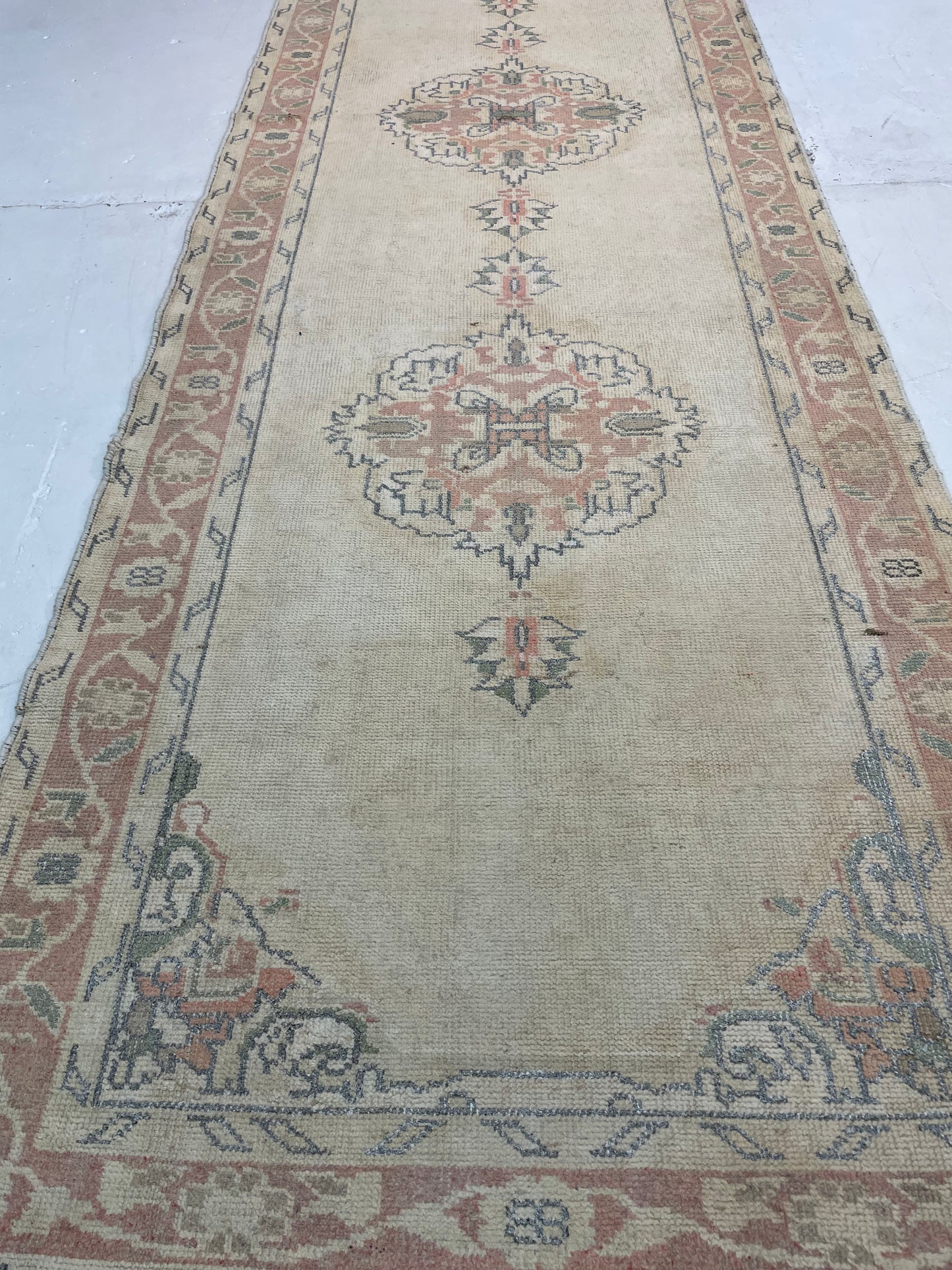 Hand-Knotted Wool Runner Turkish Oushak 3'5" x 12'