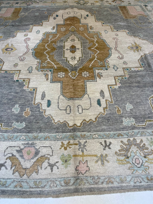 Hand-Knotted Wool Rug Turkish Oushak Square 11'7" x 11'9"