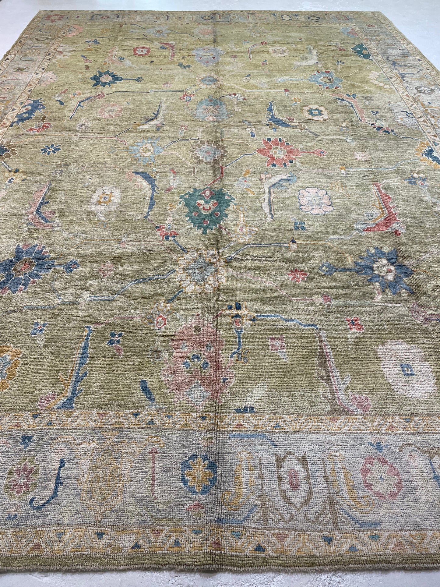 Hand-Knotted Wool Rug Turkish Oushak 12'4" x 17'4"