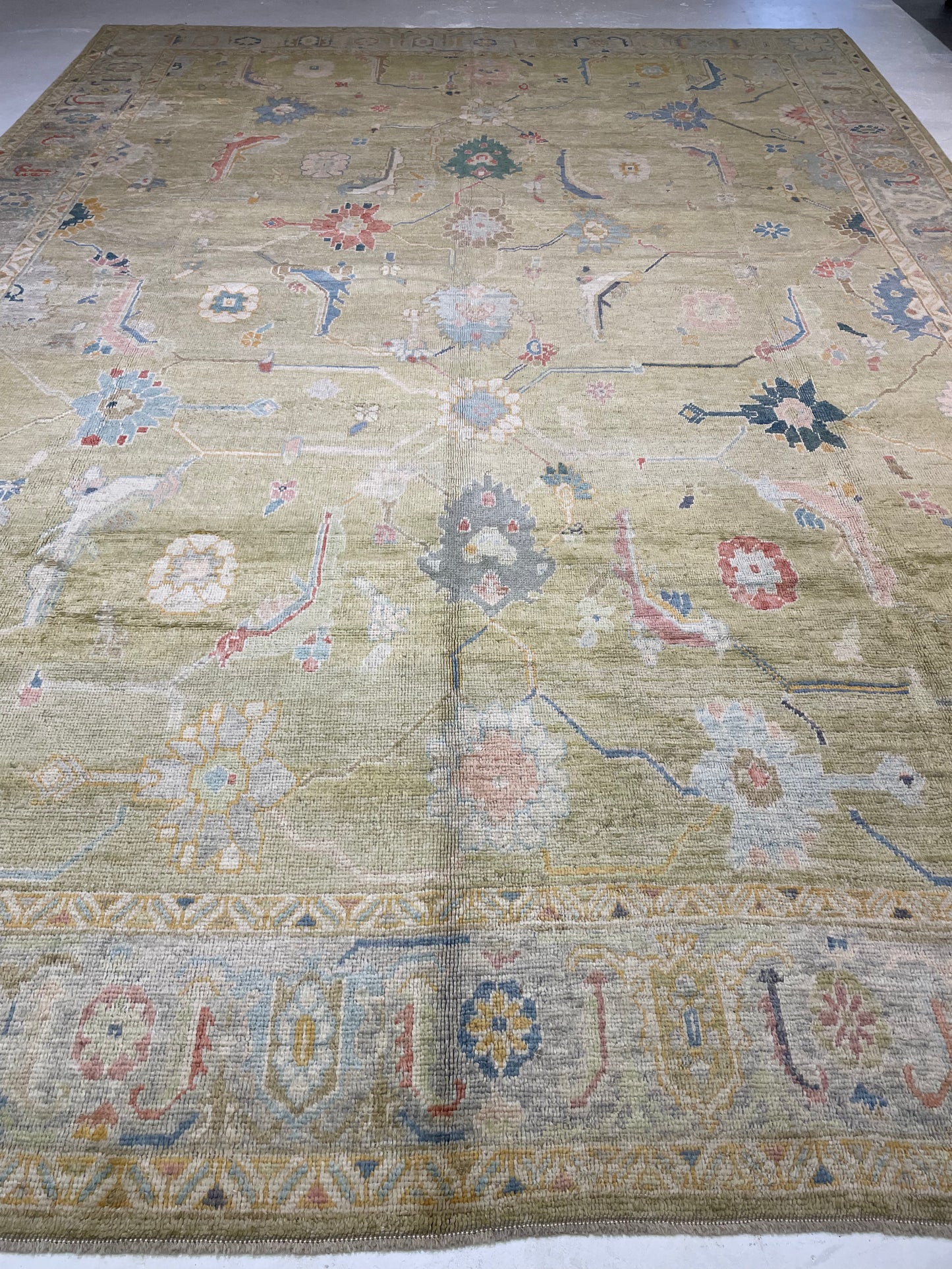 Hand-Knotted Wool Rug Turkish Oushak 12'4" x 17'4"