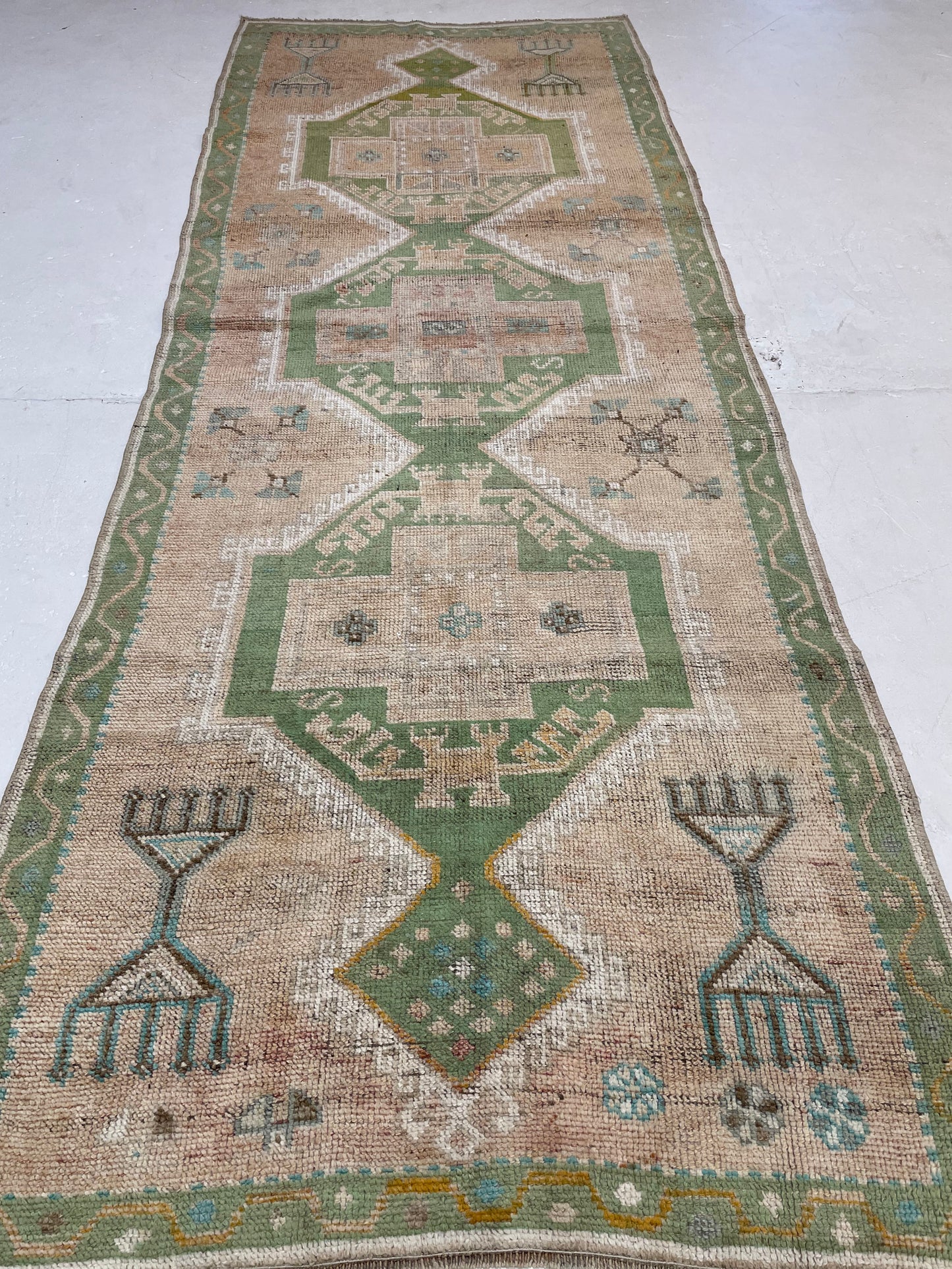 Hand-Knotted Wool Runner Turkish Oushak 3'10" x 10'2"