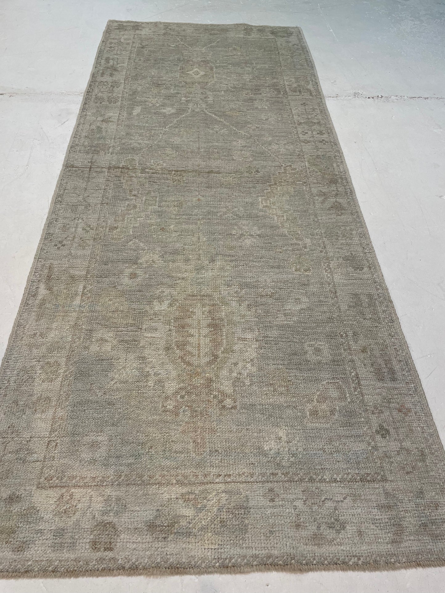 Hand-Knotted Wool Runner Turkish Oushak 3'4" x 8'3"
