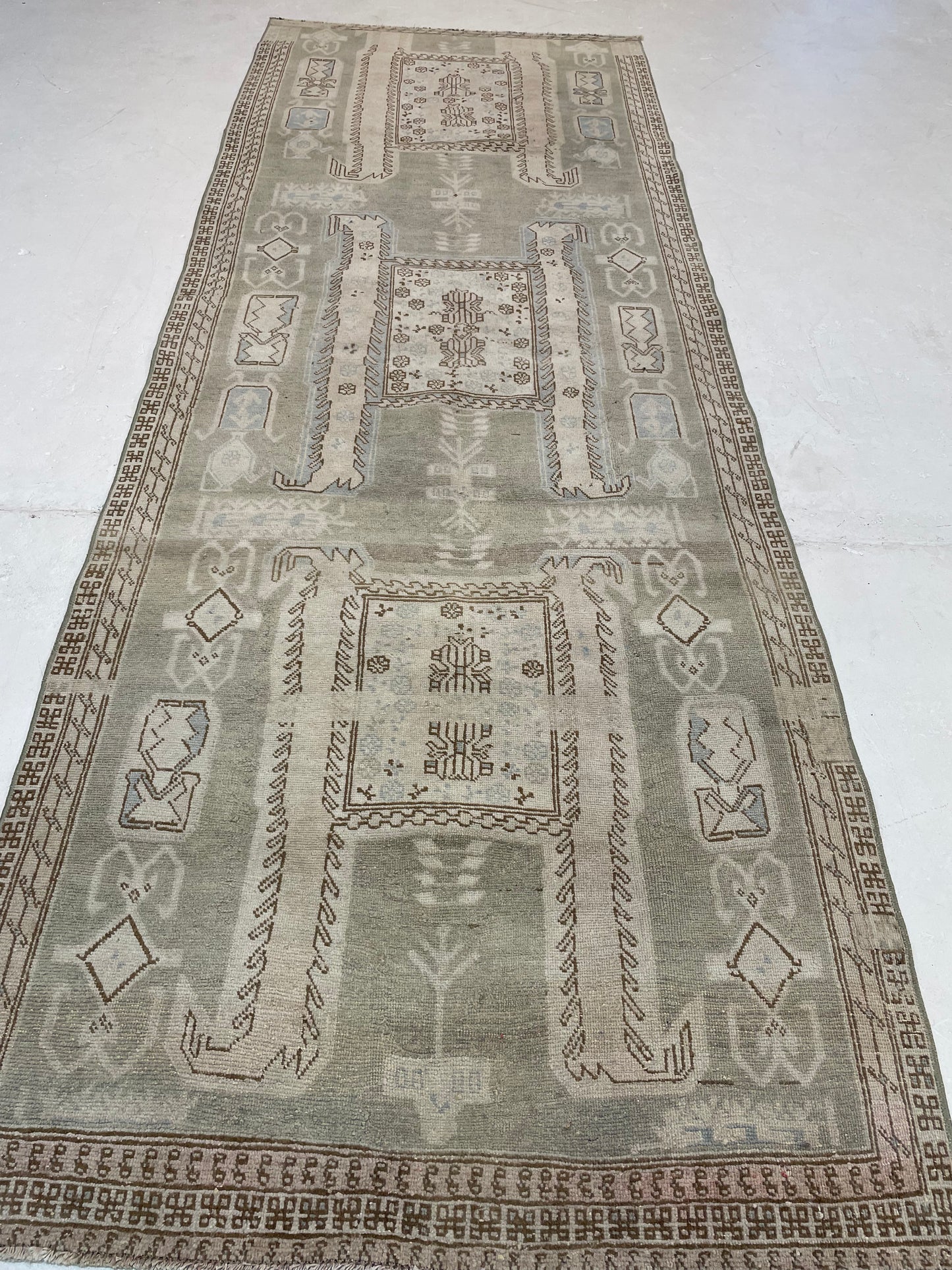 Hand-Knotted Wool Runner Turkish Oushak 3'3" x 9'