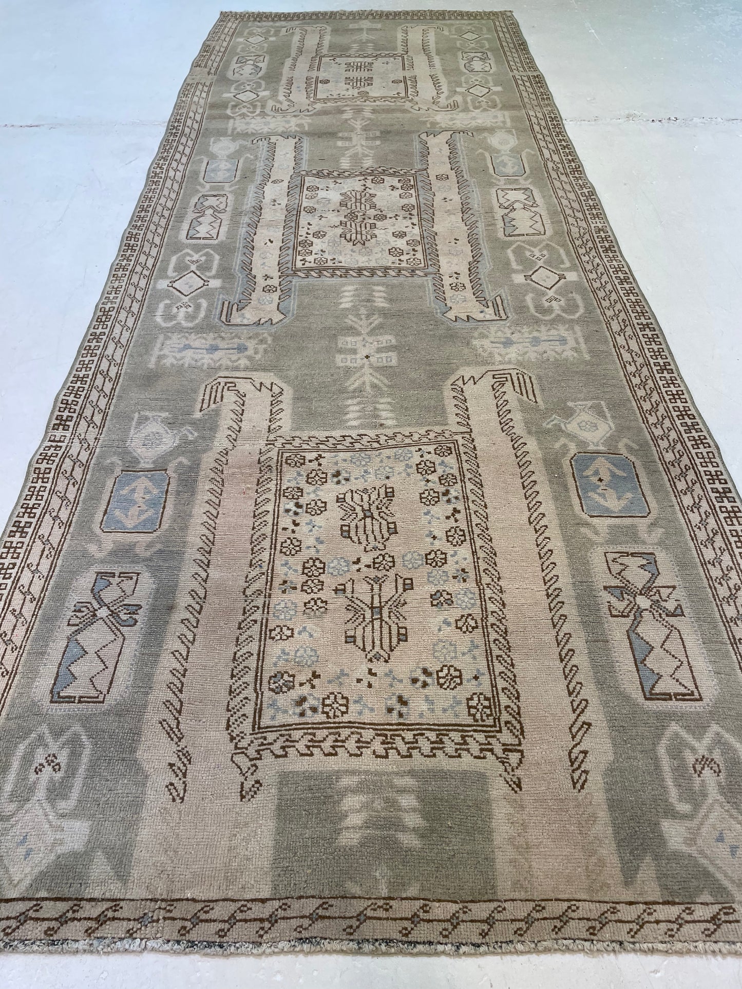 Hand-Knotted Wool Runner Turkish Oushak 3'3" x 9'