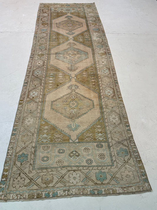 Hand-Knotted Wool Runner Turkish Oushak 3'4" x 10'