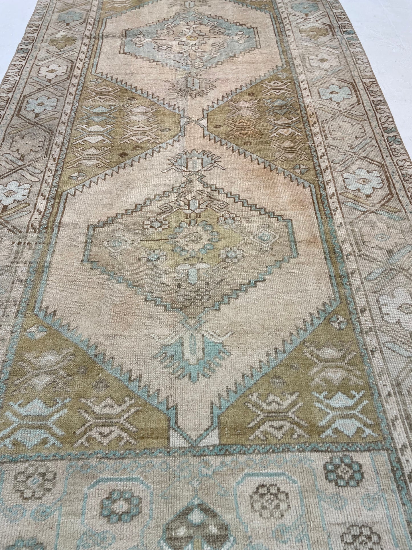 Hand-Knotted Wool Runner Turkish Oushak 3'4" x 10'