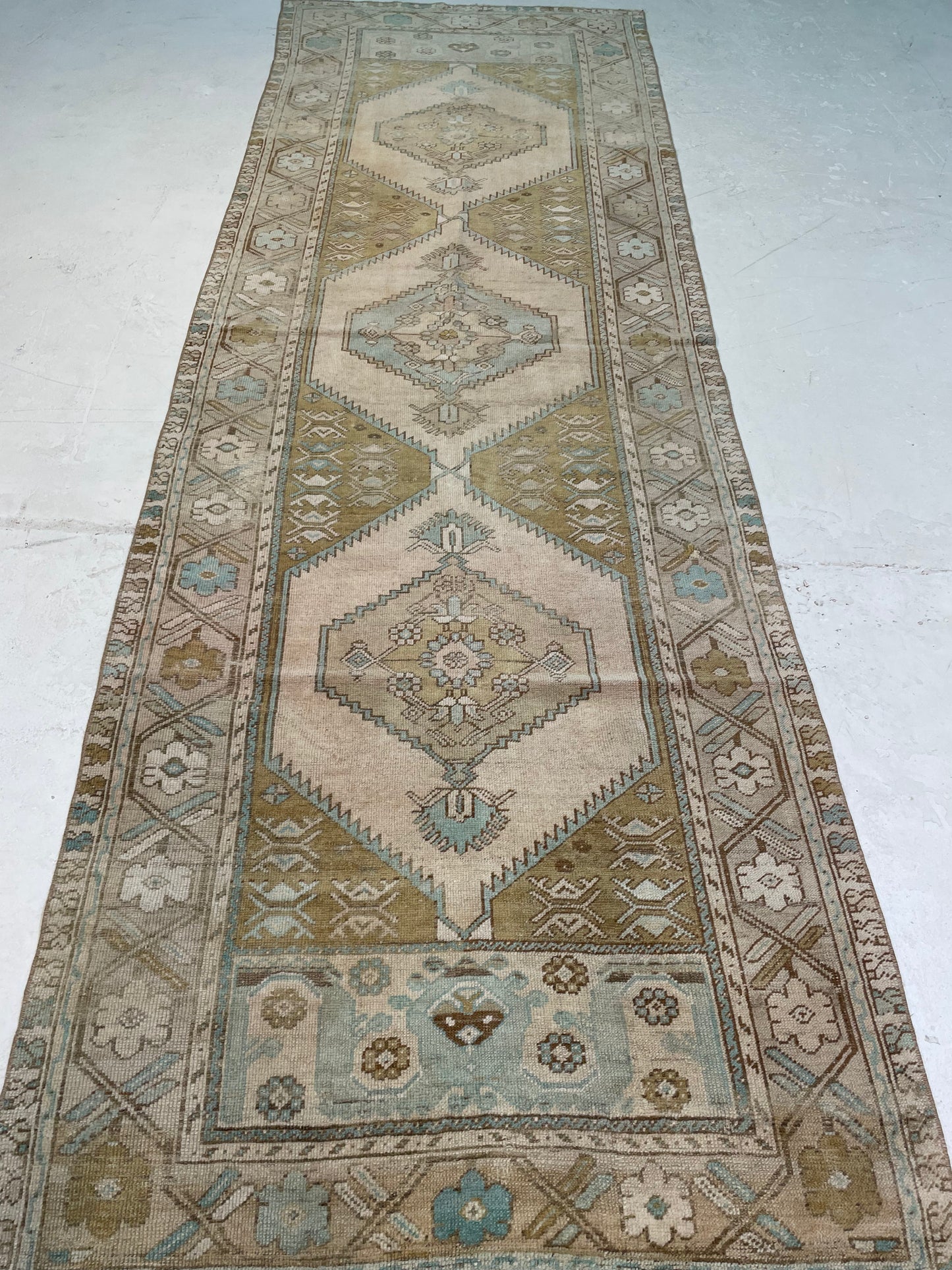 Hand-Knotted Wool Runner Turkish Oushak 3'4" x 10'