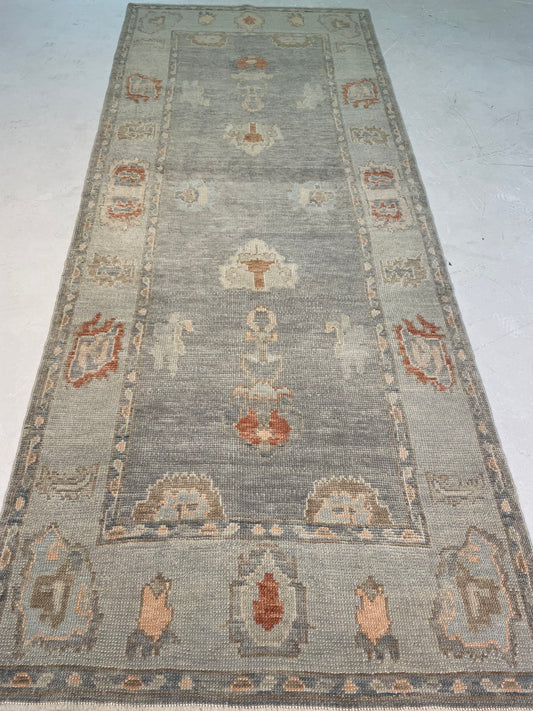 Hand-Knotted Wool Runner Turkish Oushak 3'10" x 9'8"