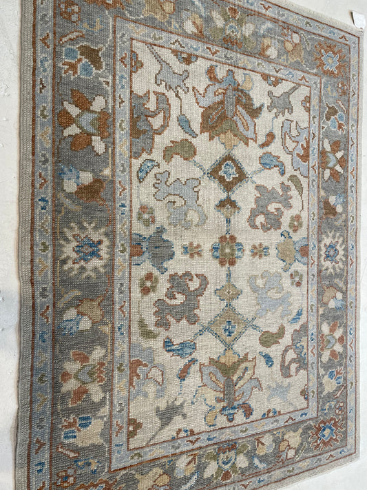 Hand-Knotted Wool Rug Turkish Oushak 4'2" x 5'9"