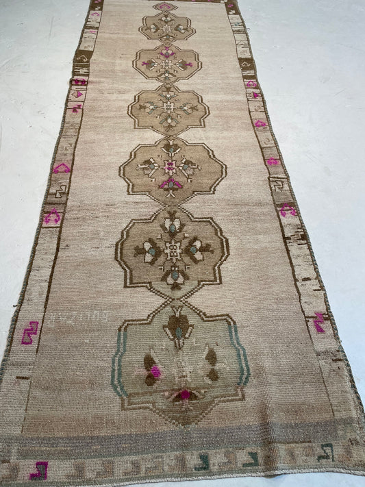 Hand-Knotted Wool Runner Turkish Oushak 3'7" x 10'6"