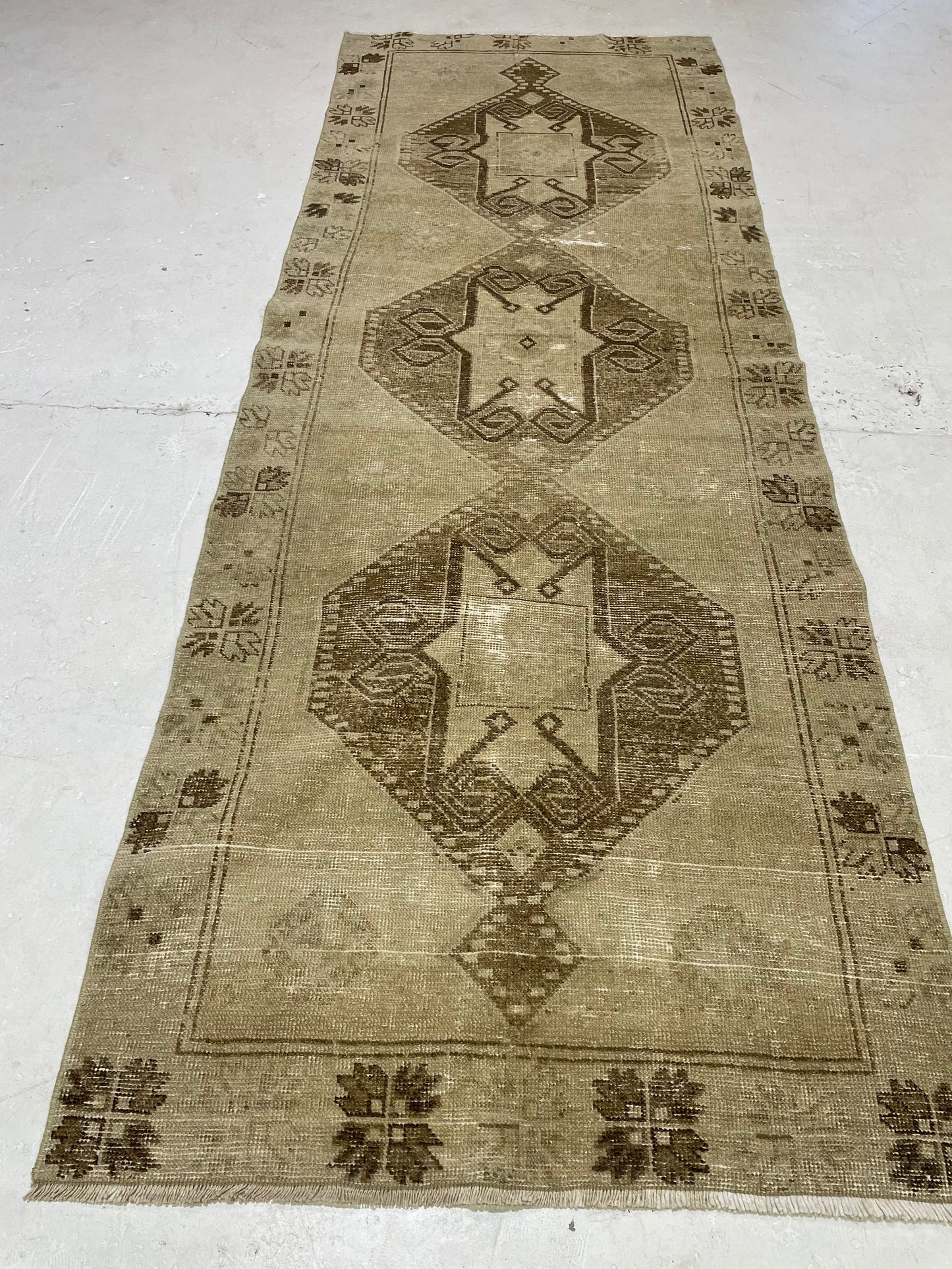 Hand-Knotted Wool Runner Turkish Oushak 3'2" x 8'4"