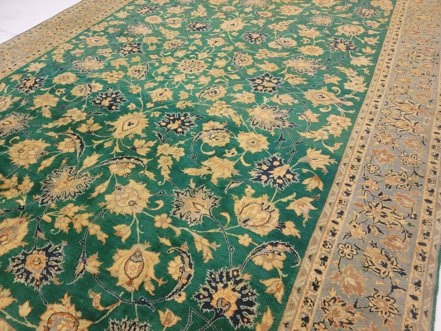 Hand-Knotted Wool Rug Green Tabriz 10' x 13'