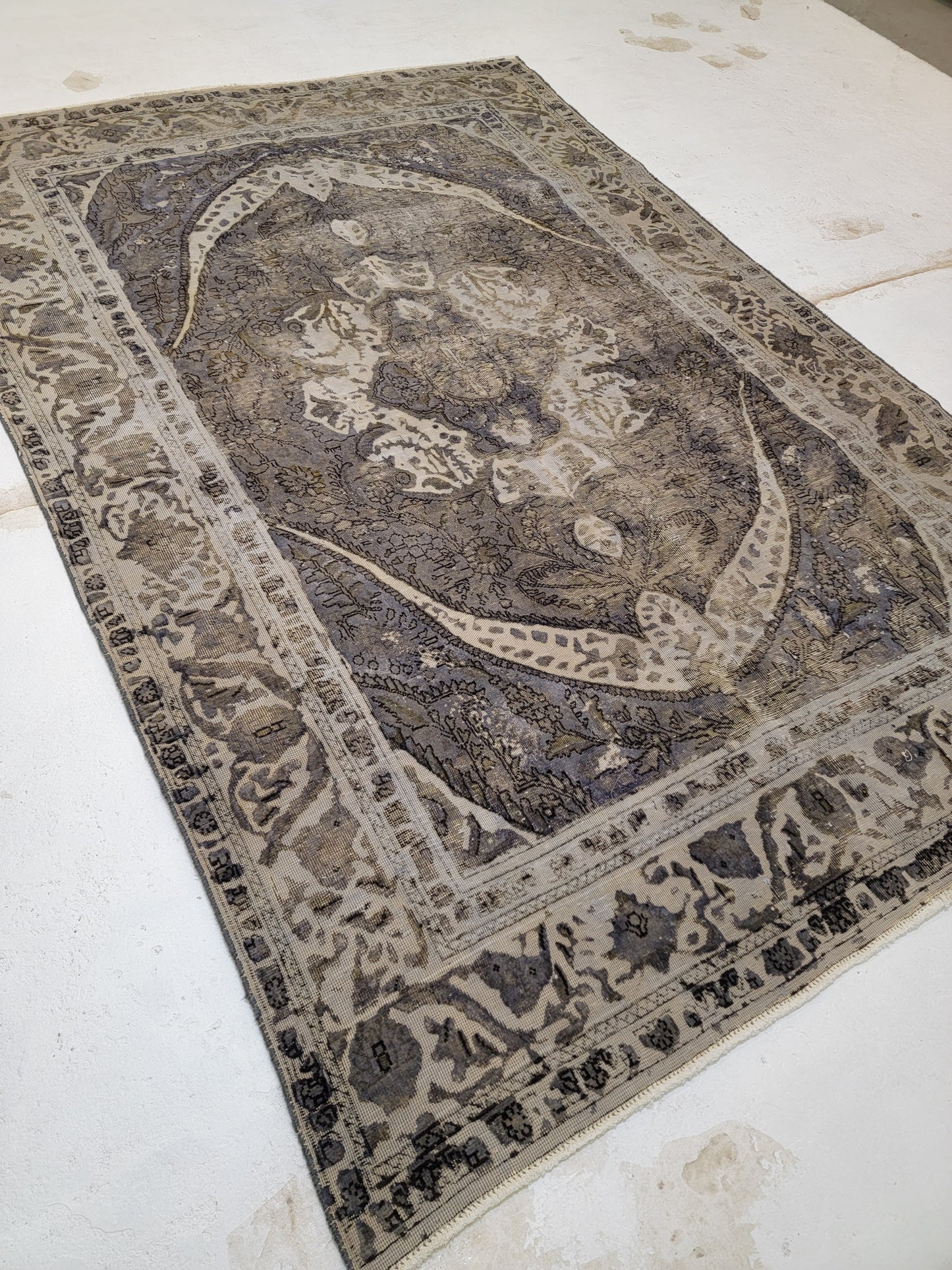 Hand-Knotted Wool Destressed Over dye charcole  Rug Tabriz medallion Design 6'3" x 9'4"