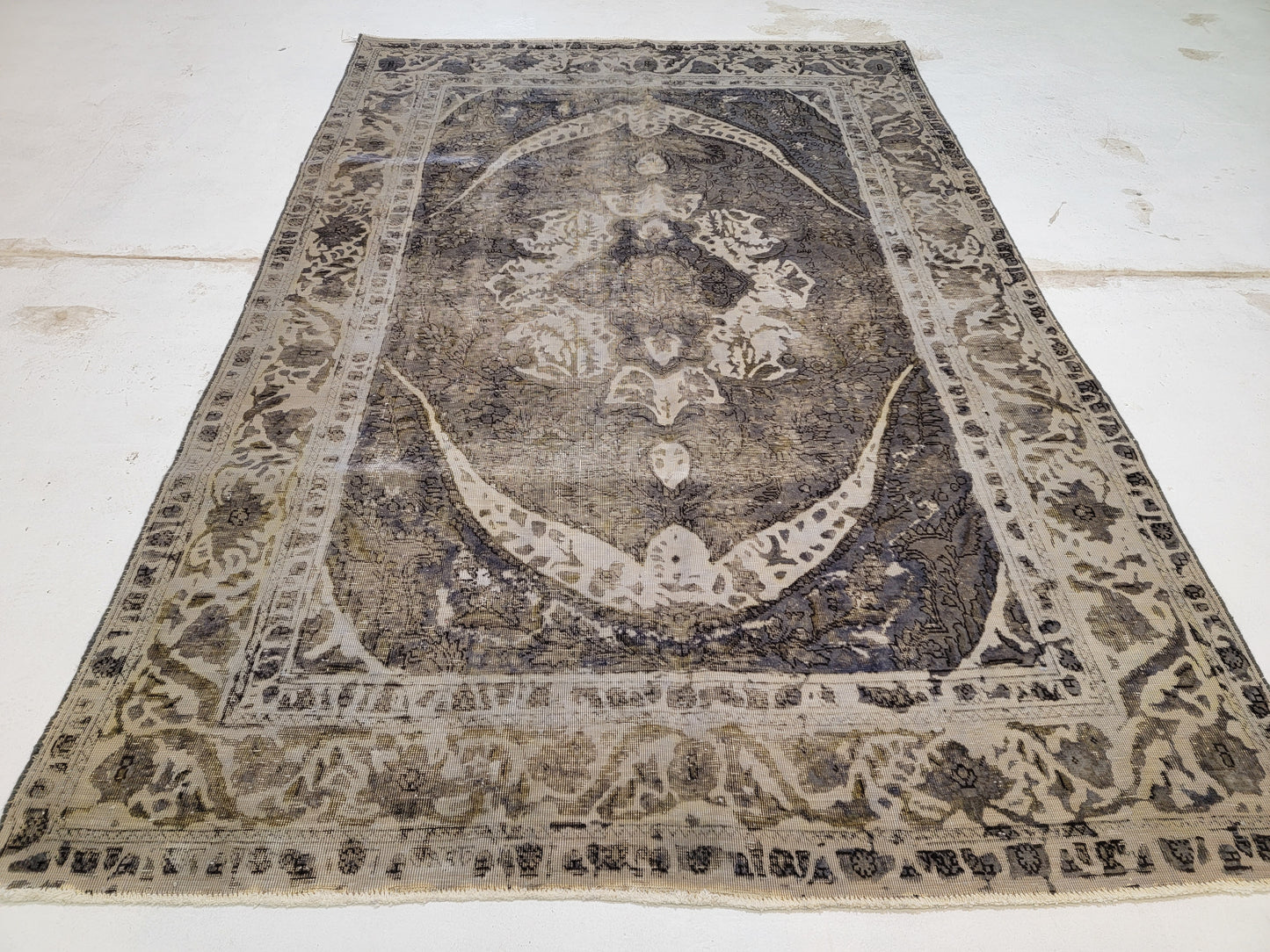 Hand-Knotted Wool Destressed Over dye charcole  Rug Tabriz medallion Design 6'3" x 9'4"