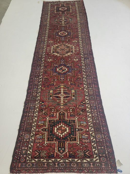 Hand-Knotted Wool Runner Heriz Karajeh 3'4" x 10'10"