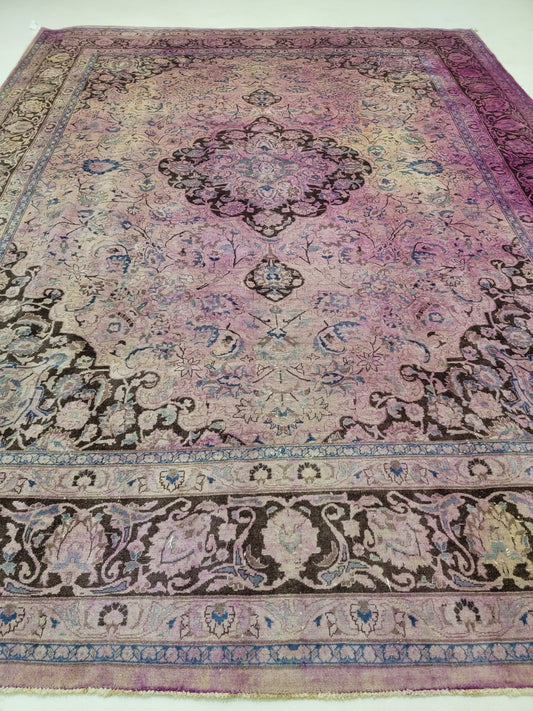 Hand-Knotted Wool Rug Mashad Over Dye 9'9" x 12'3"